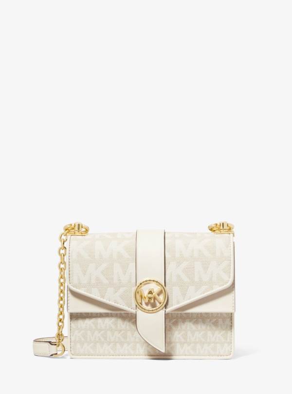 Damske Spojková Taška Michael Kors Greenwich Small Logo Jacquard and Leather Béžové - Kabelky Michael Kors Vypredaj | BVCXS-5612